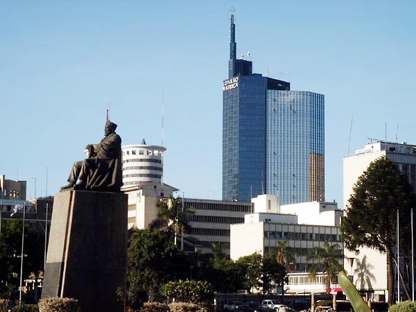 City Square - Statue of Jomo Kenyatta, seen against a backdrop of downtown office buildings (Nation Centre and Lonrho House)