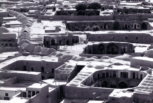Elevated view of bazaar corridor, flanked by caravanserais and madrasas