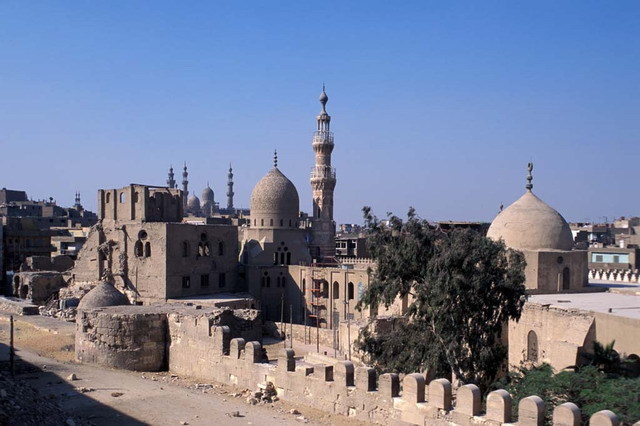 View looking southwest from al-Azhar Park to the Alin Aq Palace and restored Khayrbak Complex and the Ayyubid city wall