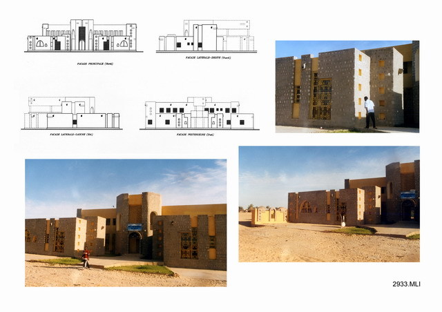 Presentation panel with four elevation drawings, and exterior views