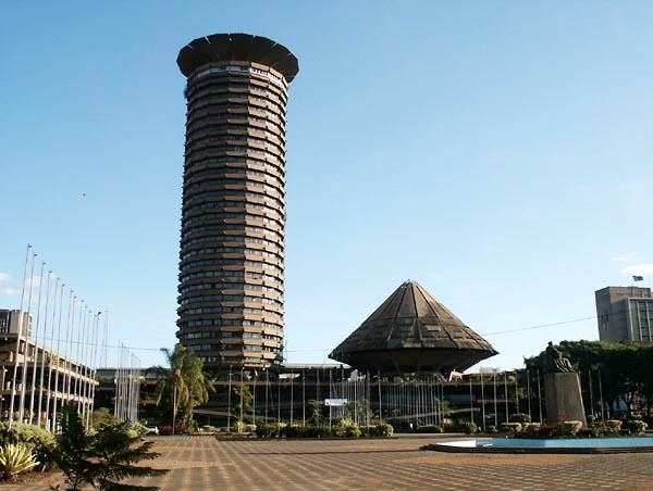 City Square - General view of the square, looking towards the KICC Tower across the flagstone court with statue of Jomo Kenyatta (lower right)