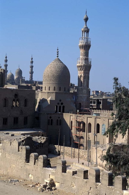 View of the restored Khayrbak Complex, looking southwest from Al-Azhar Park, with Ayyubid city wall seen in the foreground