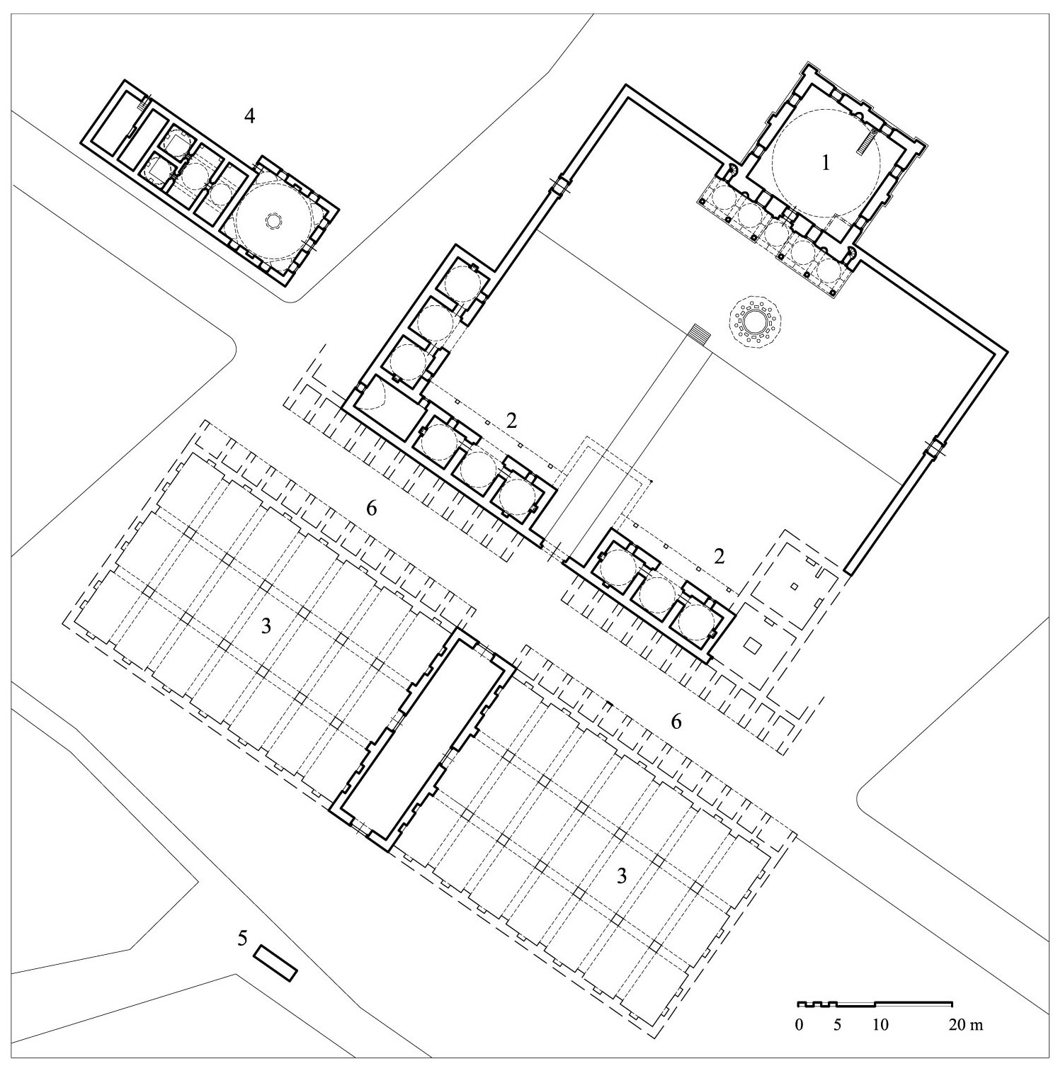 Floor plan  of the complex showing (1) mosque, (2) excavated remains of guestrooms and hospice, (3) double caravanserai (hypothetical reconstruction), (4) bathhouse, (5) public fountain, (6) bazaar (<i>arasta</i>) with excavated shop foundations