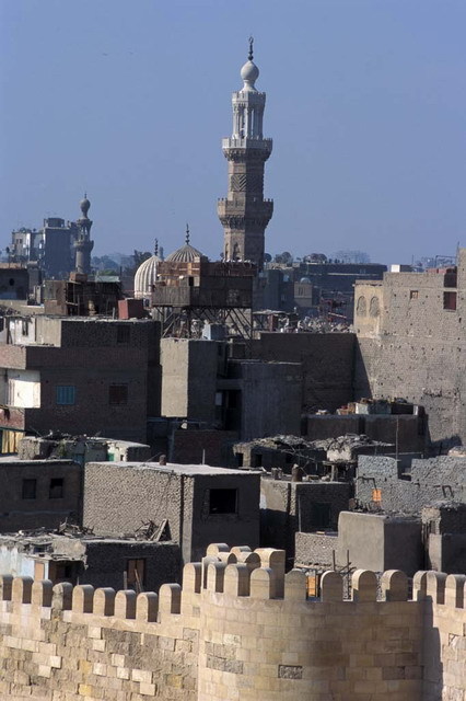 View of the restored Umm al-Sultan Shaban minaret, looking southwest from Al-Azhar Park, with Ayyubid city wall seen in the foreground