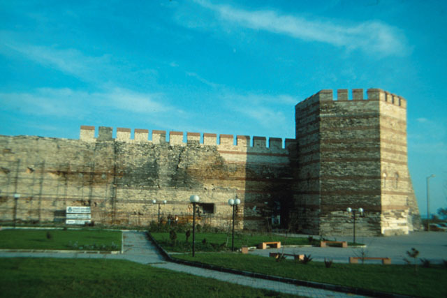 Exterior view showing fortified corner tower