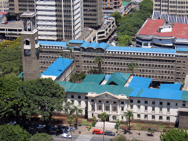 Nairobi City Hall - Elevated view looking northwest from KICC towers, showing City Hall, clock tower and annex