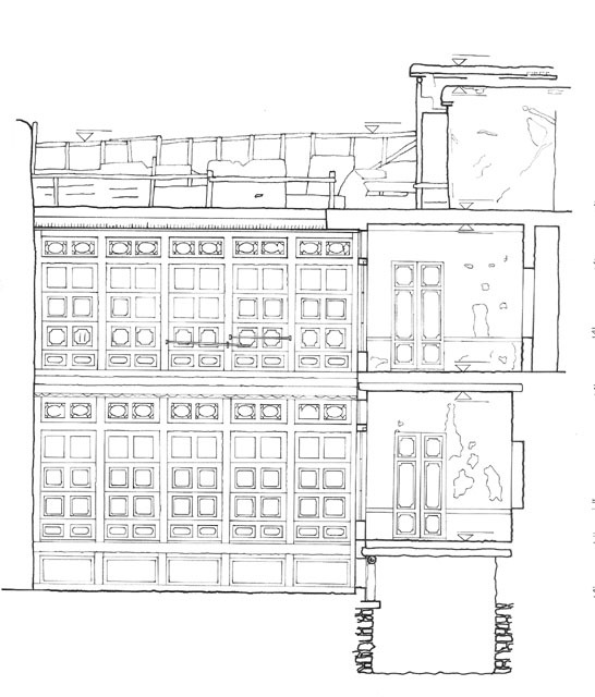 Transverse section with south courtyard elevation, prior to conservation