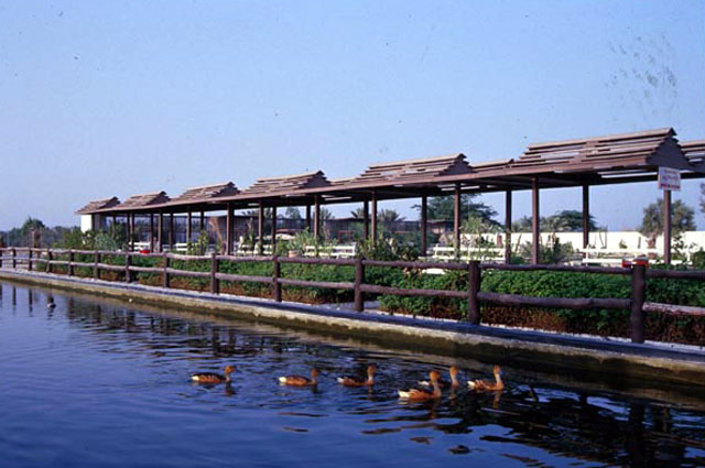 View from river, showing covered seating areas