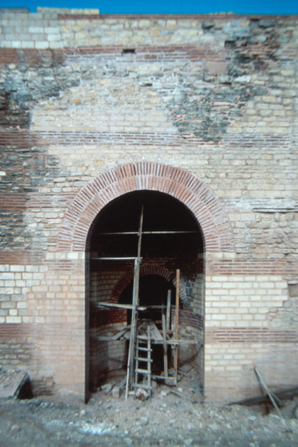 Exterior detail showing entrance under reconstruction