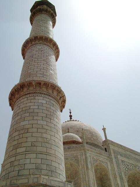 View of the mausoleum looking northwest from the plinth of the riverfront terrace, showing the southwestern minaret and and its projecting balconies