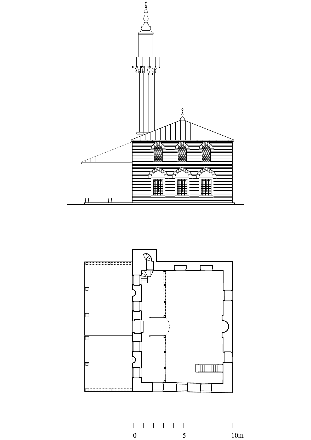Floor plan and elevation of mosque with hypothetical reconstruction of portico