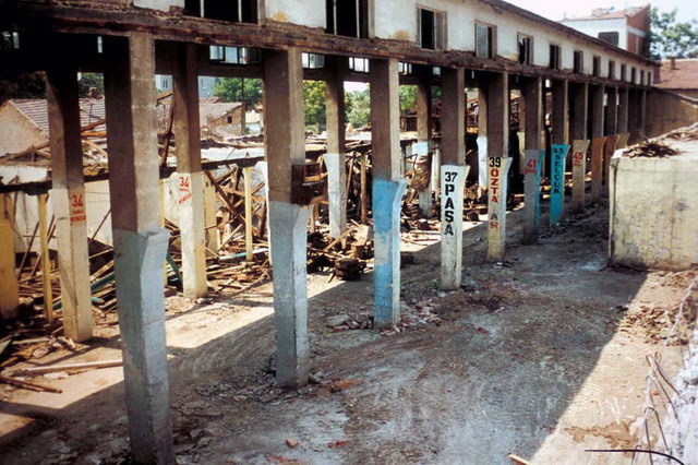 View of corroded beams and columns, exposed during restoration