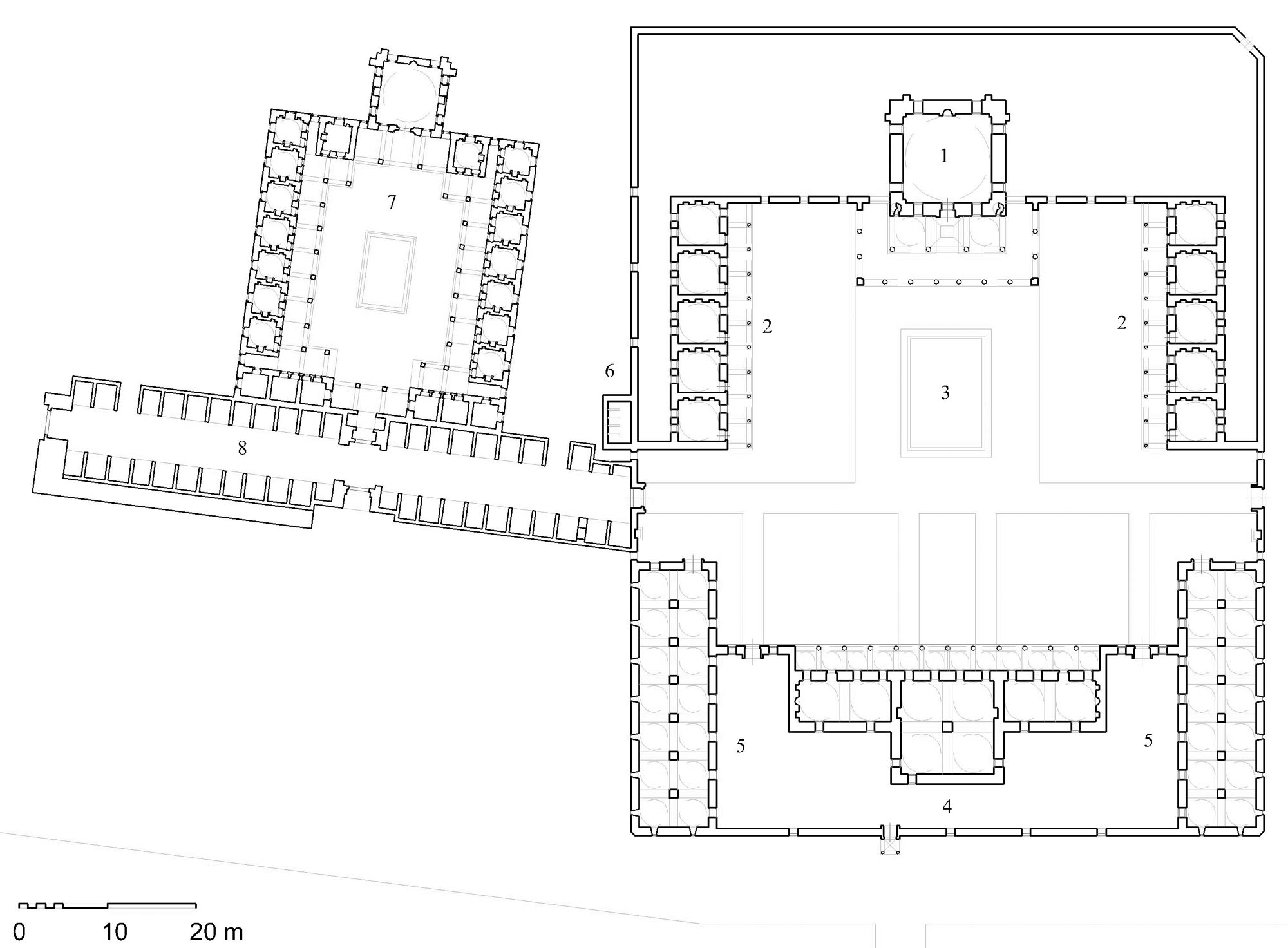 Floor plan  of complex showing (1) mosque, (2) guestrooms, (3) ablution pool, (4) hospice, (5) caravanserai with stables, (6) latrines, (7) madrasa, (8) bazaar (<i>arasta</i>)