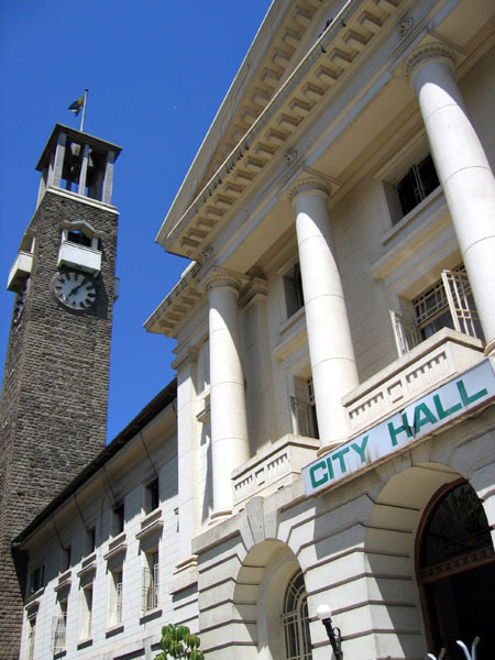 Nairobi City Hall - Exterior view, showing entry portico and clock tower