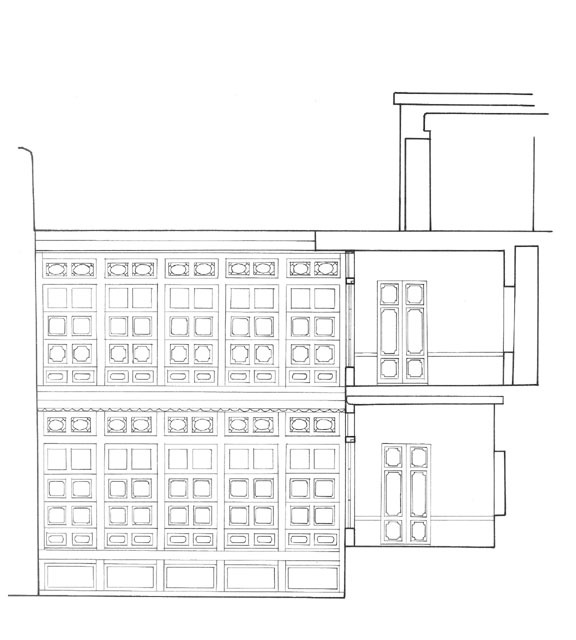 Transverse section with south courtyard elevation, after conservation