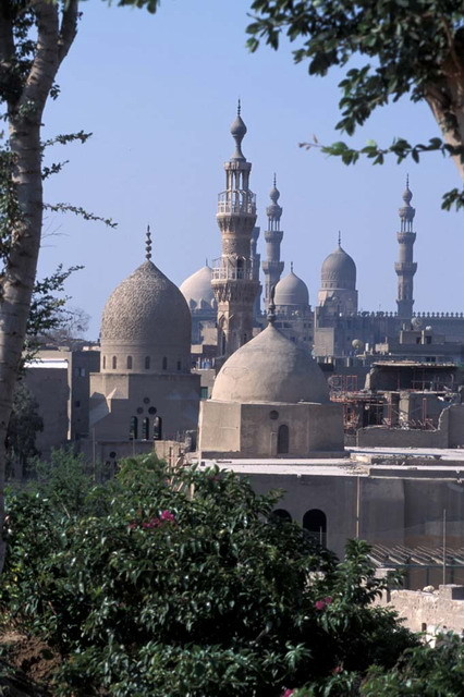 View of the restored Khayrbak Complex, looking southwest from Al-Azhar Park. The domes and minarets of Sultan Hasan and Al-Rifa'i Mosques are silhouetted in the background