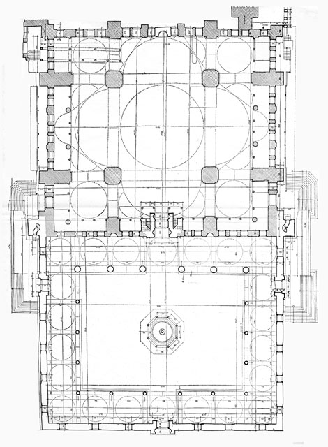 Fatih Camii - Floor plan of mosque.  Walls that are shaded in have been built during reconstruction following the earthquake of 1766