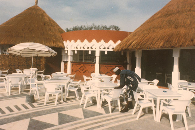 Exterior view showing thatch roof huts at poolside