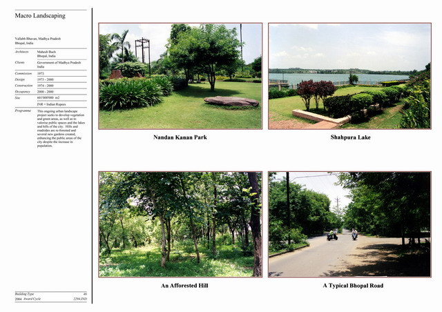 Presentation panel with general views of Nandan Kanan Park, Shahpura Lake, an afforested hill and a typical Bhopal Road