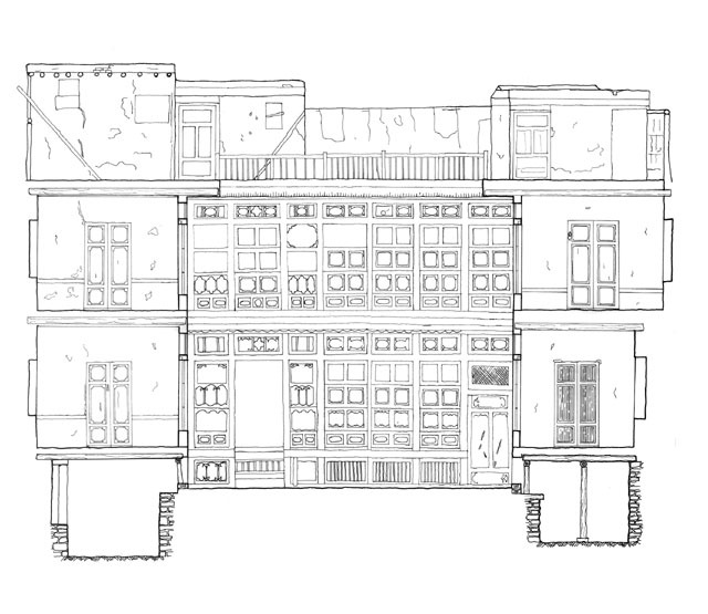 Longitudinal section with north courtyard elevation, prior to conservation