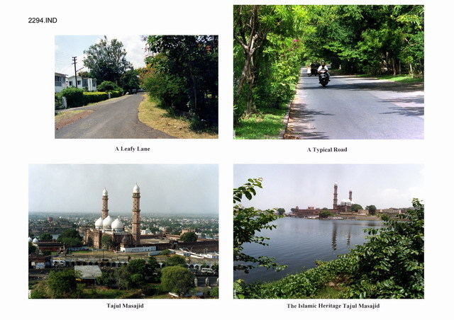 Presentation panel with general views of Taj-ul-Masajid, a leafy lane and a typical road