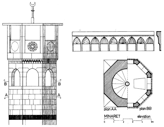 Minaret: plan, elevation and muqarnas detail