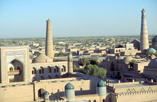Aerial view over the Muhammad Rahim-Khan Madrasa; the Imam Hodja Madrasa and Minaret can be seen at right