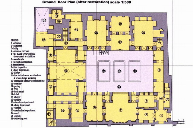 Ground floor plan (after restoration), with legend