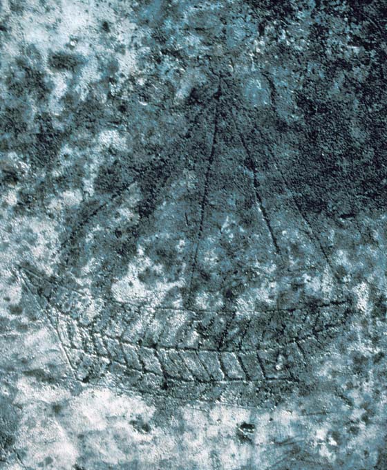 Ship engraving in coral stone from the interior of the residential apartment to the north of the palace court.