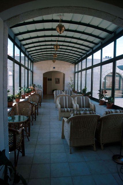 Interior view of glazed bridge housing seating areas