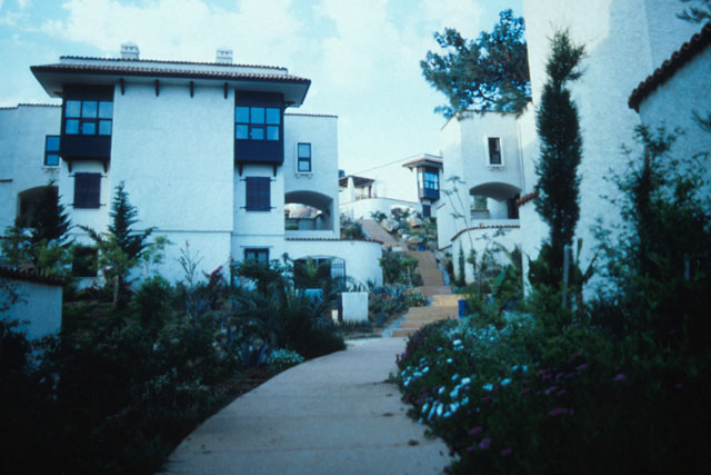 Exterior view along paths to houses