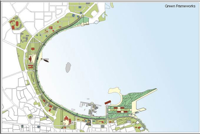 Doha Corniche Competition, Kamel Louafi Submission - Plan of the corniche showing green frameworks
