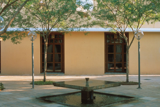 Exterior view of façade showing fountains