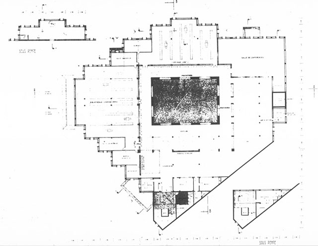B&W drawing, plan of the mosque and library