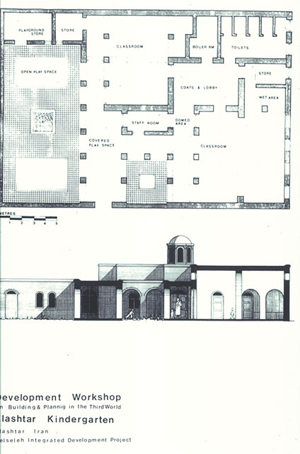 B&W drawing, plans and section of the Alashtar kindergarten
