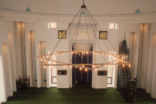 Elevated view to prayer hall showing chandelier