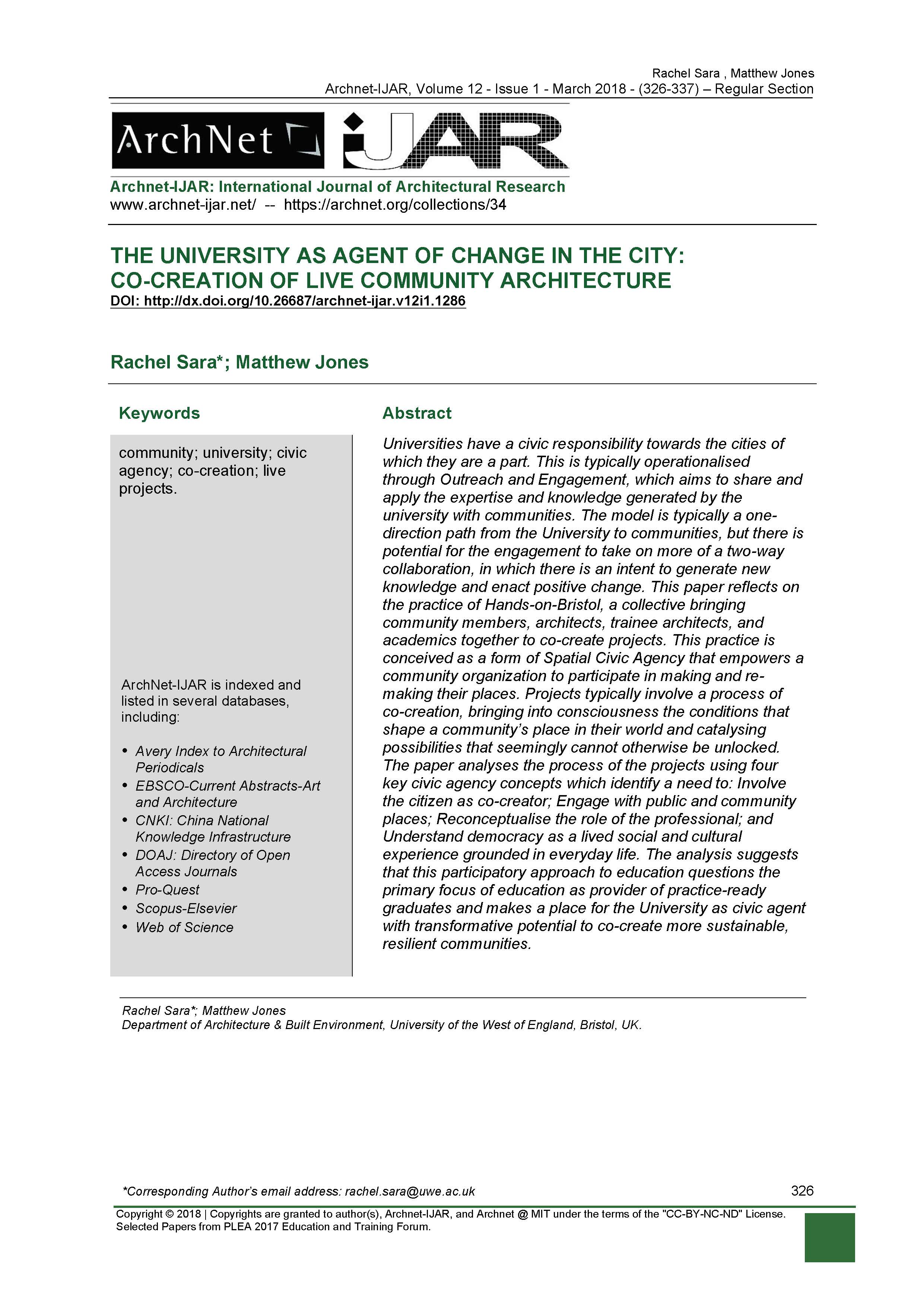 The University as Agent of Change in the City: Co-Creation of Live Community Architecture