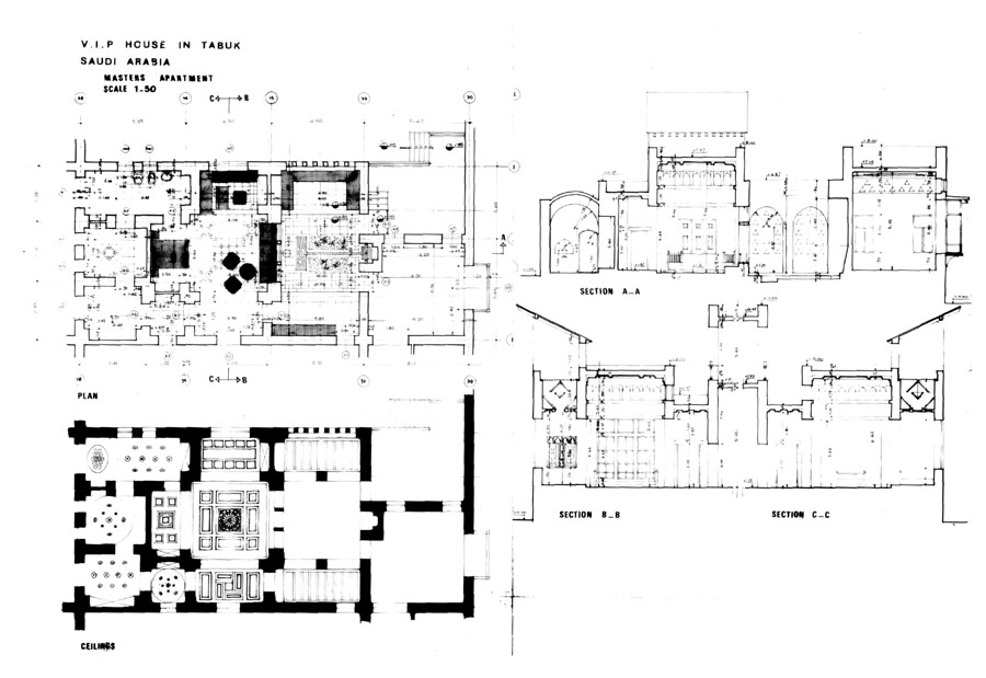 Working drawing: Masters apartment; Ground floor plan and ceilings, section
