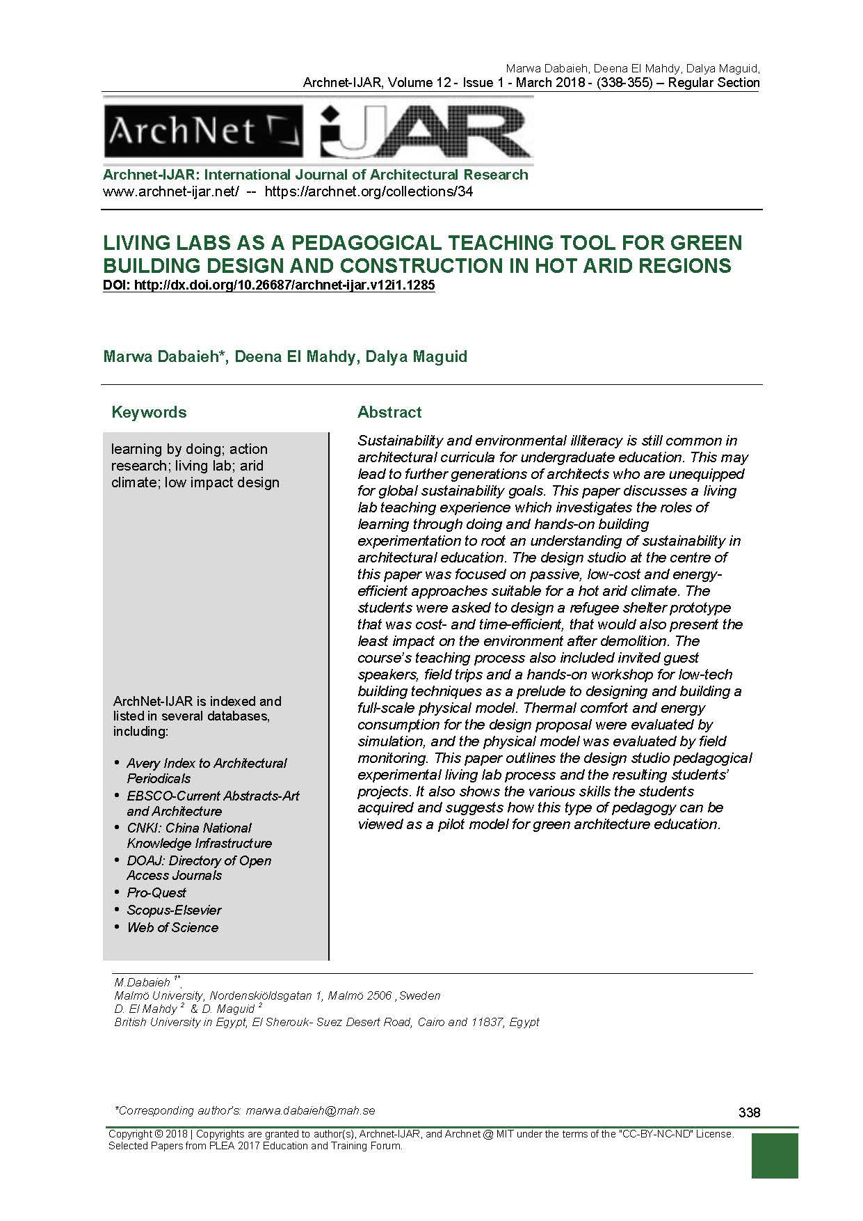 Living Labs as a Pedagogical Teaching Tool for Green Building Design and Construction in Hot Arid Regions