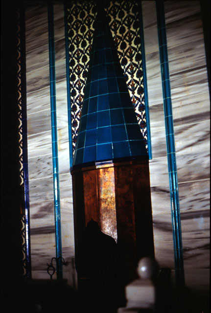 Interior view of fireplace/mihrab, showing elaborate marble and tile work