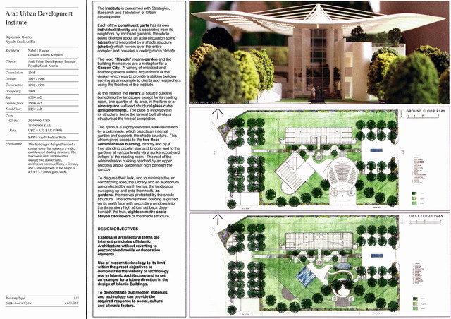 Presentation panel with project description, floor plans, and photograph of site model showing shading canopy