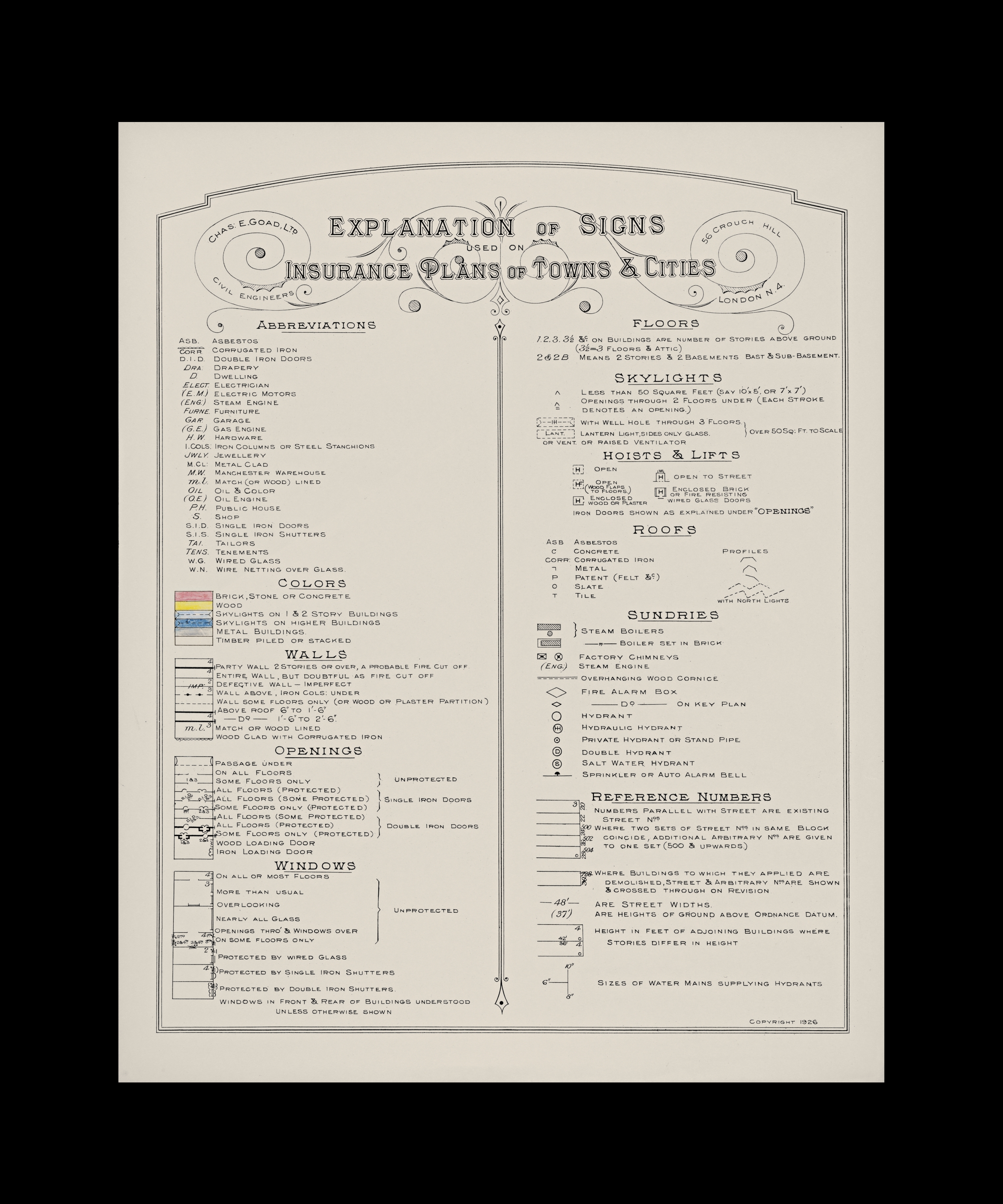 Charles E. Goad - A one-page sheet with a key to abbreviations, colors, reference numbers, and building indications used in insurance plans for cities and towns issued by Charles E. Goad.