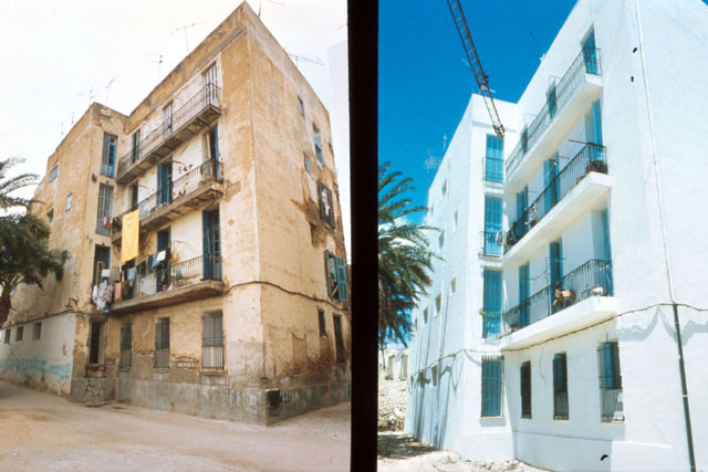 Exterior view showing before an after refurbishment