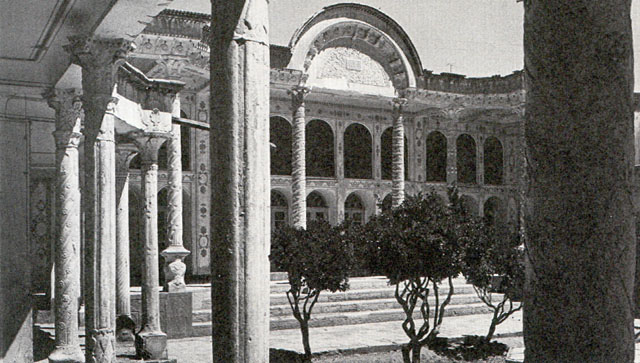 View of <i>biruni</i> courtyard, looking northeast at the main iwan