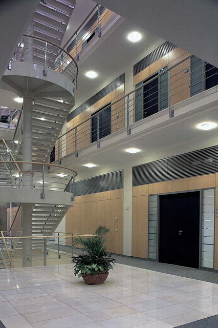 Interior view of administrative building, atrium with staircase