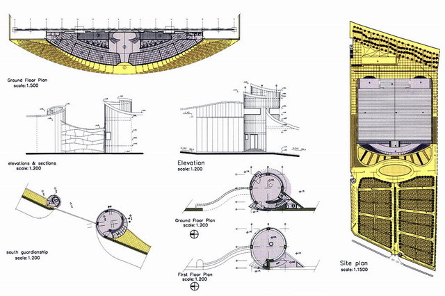Site plan, floor plans of offices (top) and floor plans, elevation and cross-sections of gates