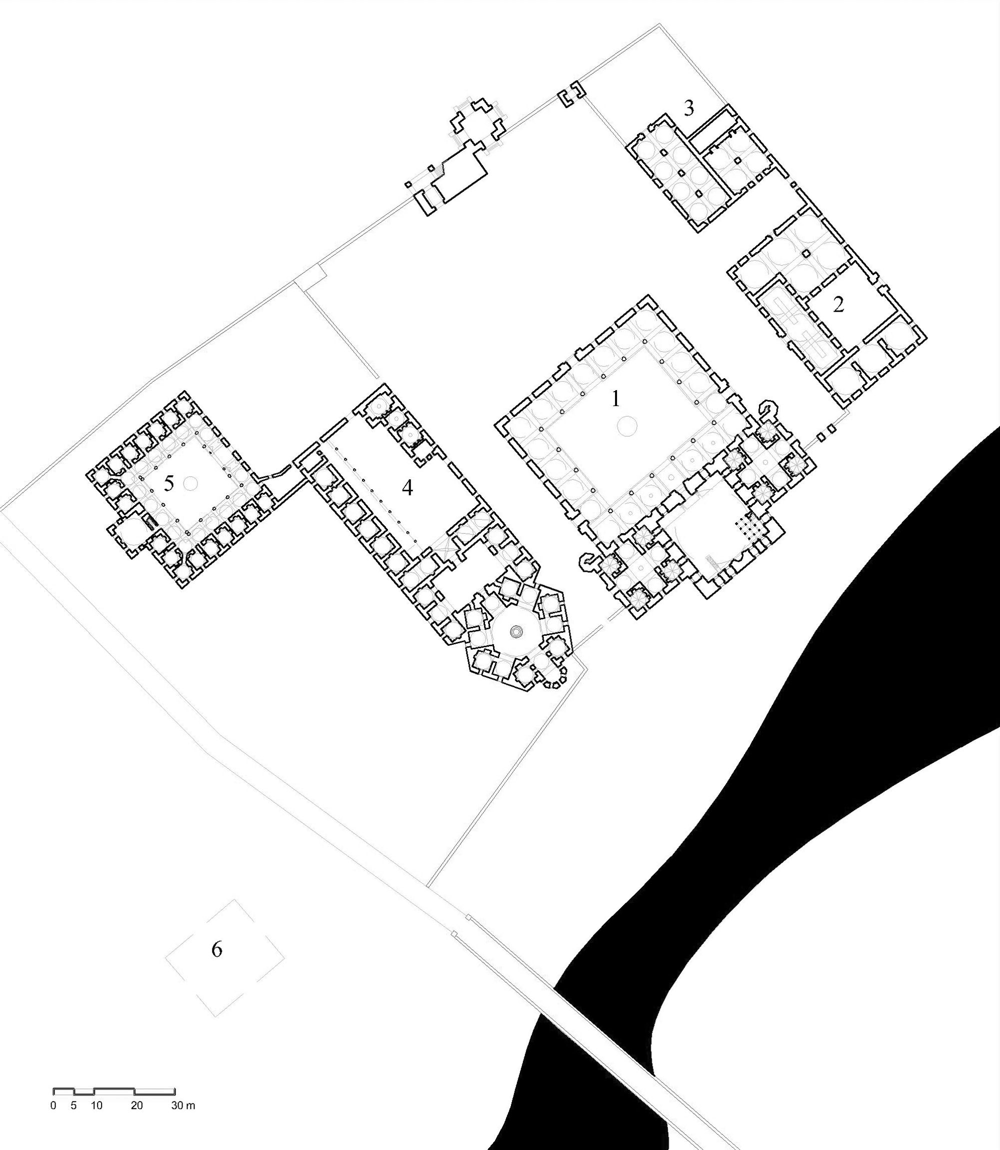 II Bayezid Külliyesi (Edirne) - Floor plan of complex along the Tunca river, showing (1) mosque, (2) hospice, (3) caravanserai, (4) hospital, (5) madrasa, (6) site of bathhouse. DWG file in AutoCAD 2000 format. Click the download button to download a zipped file containing the .dwg file.