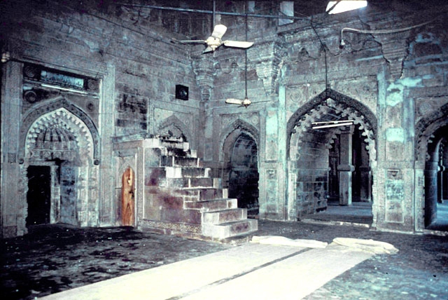 Interior view of the prayer hall: main sanctuary with mihrab and minbar