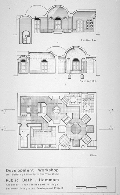 B&W drawing, plan and section of the hammam