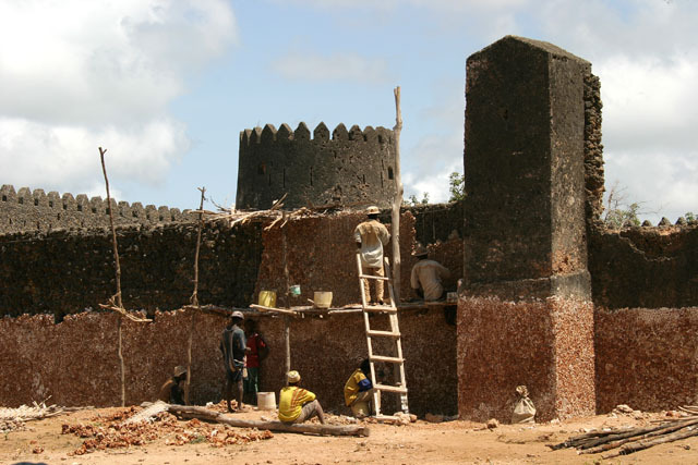 Exterior view of fort under restoration with coral rag plastering